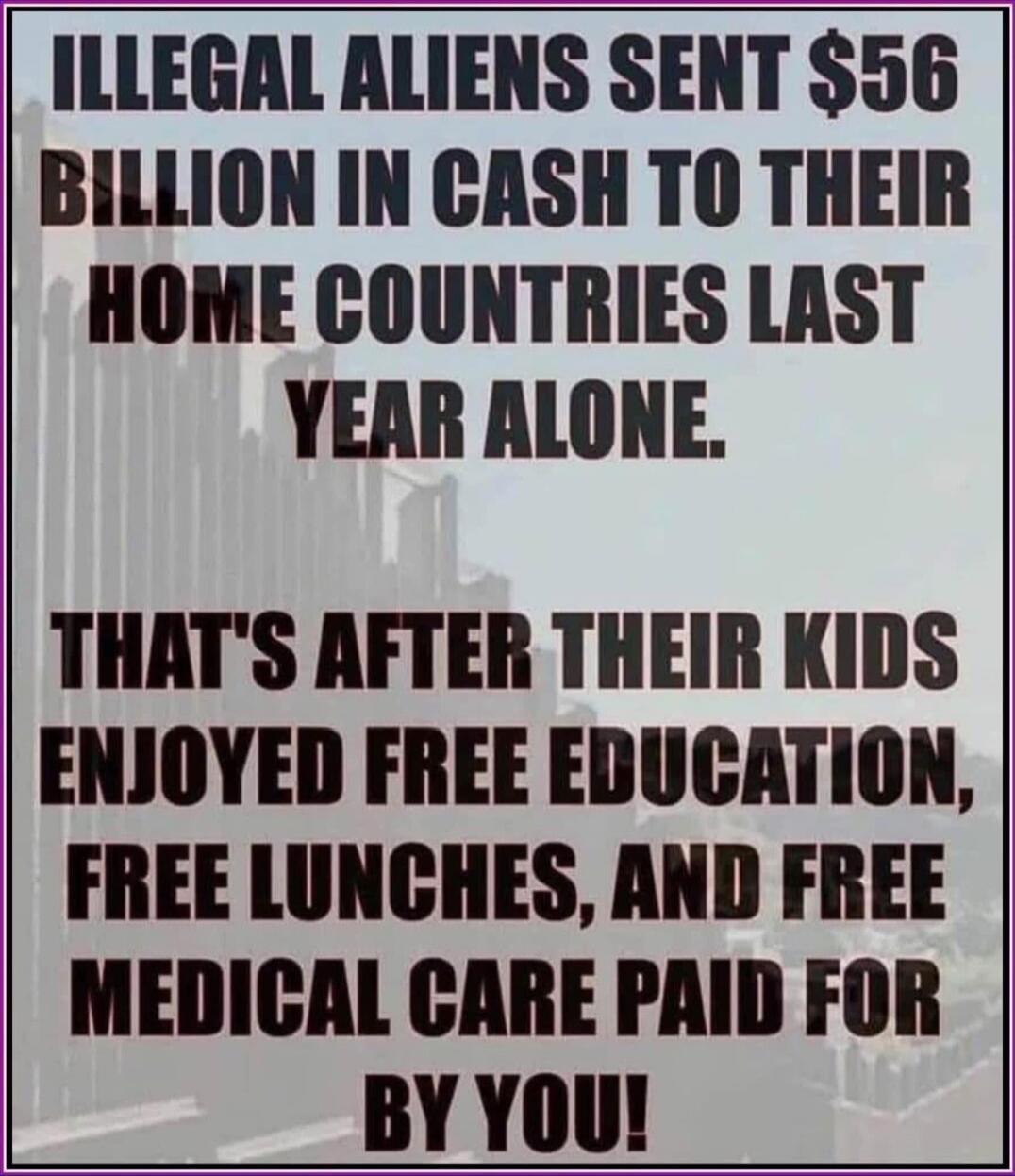 ILLEGAL ALIENS SENT $56 BILLION IN CASH TO THEIR HOME COUNTRIES LAST YEAR ALONE. THAT'S AFTER THEIR KIDS ENJOYED FREE EDUCATION, FREE LUNCHES, AND FREE MEDICAL CARE PAID FOR BY YOU!