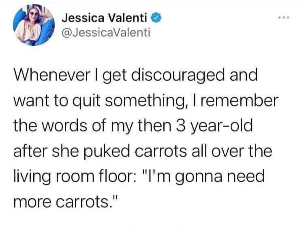 L R g Jessica Valenti JessicaValenti Whenever get discouraged and want to quit something remember the words of my then 3 year old after she puked carrots all over the living room floor Im gonna need more carrots