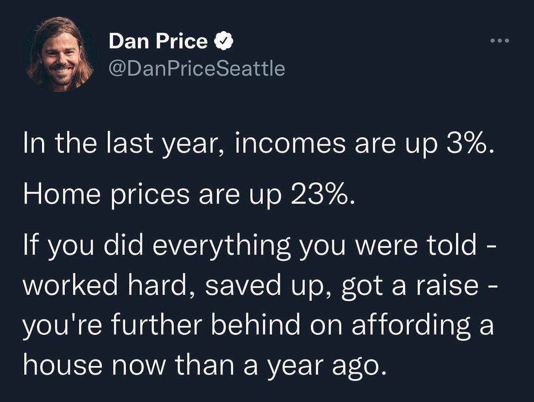 Dan Price TSN DanPriceSeattle In the last year incomes are up 3 Home prices are up 23 If you did everything you were told Weld Clo M at Tge MR To MUToNE l W TF I youre further behind on affording a house now than a year ago