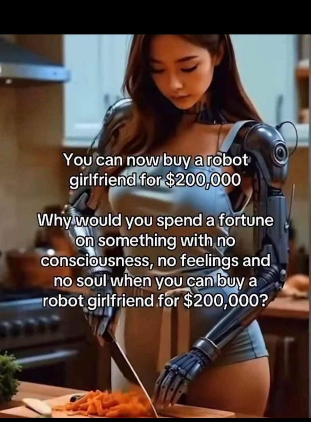 You can now buy a robot girlfriend for $200,000 Why would you spend a fortune on something with no consciousness, no feelings and no soul when you can buy a robot girlfriend for $200,000?