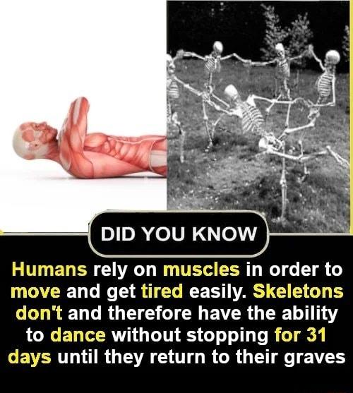 DID YOU KNOW mans rely on muscles in order to move and get tired easily Skeletons CLLREN LR G T EN G EVERGERELTL Y to dance without stopping for 31 CEVERTLIARGEA GO RCRGETT G ETETY