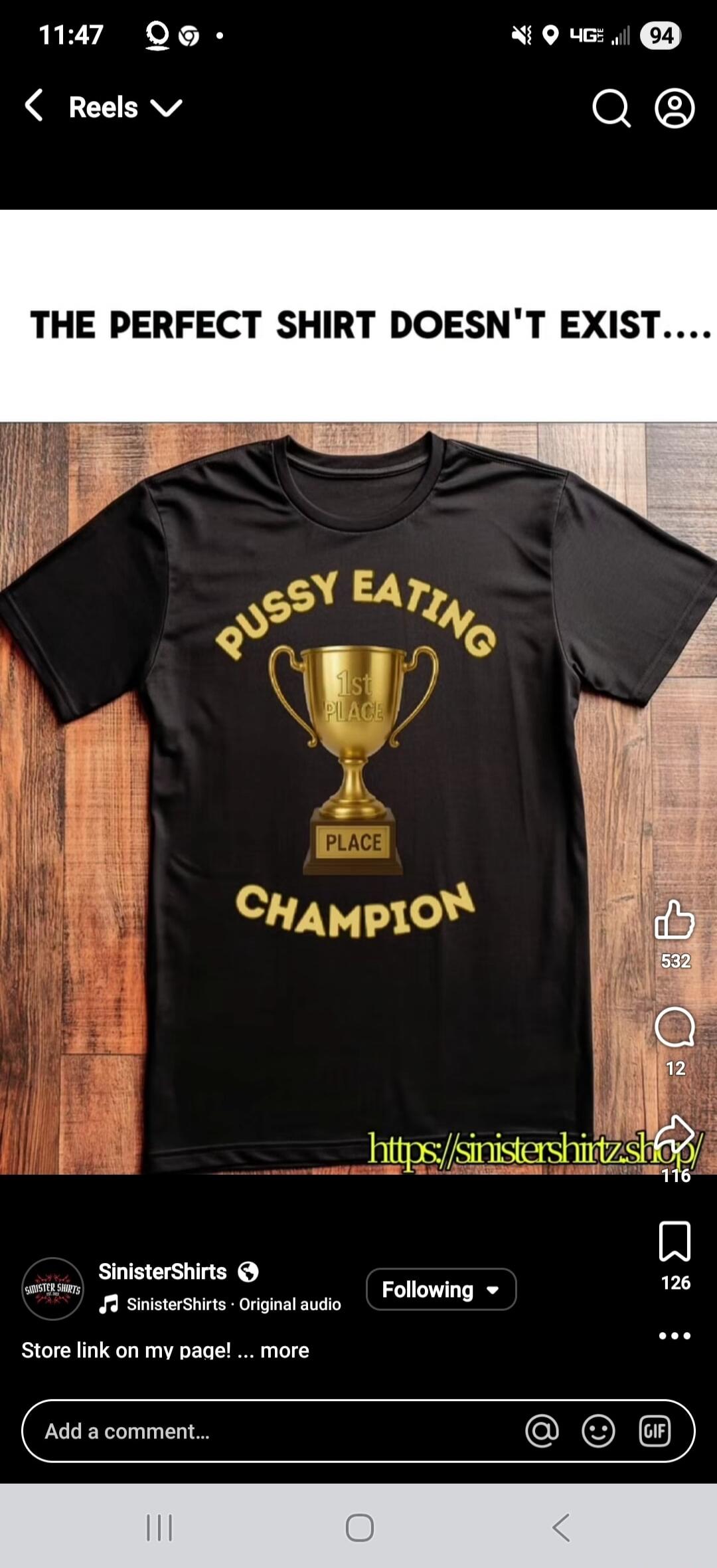 THE PERFECT SHIRT DOESN'T EXIST.... PUSSY EATING CHAMPION 1st PLACE https://sinistershirtz.shop/