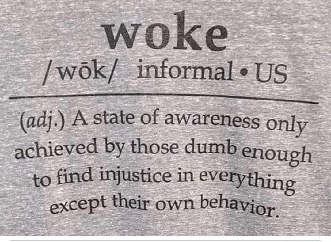 woke wok informal s US adj A state of awareness only achieved by those dumb enough to find injustice in everyfhin except their own behavje