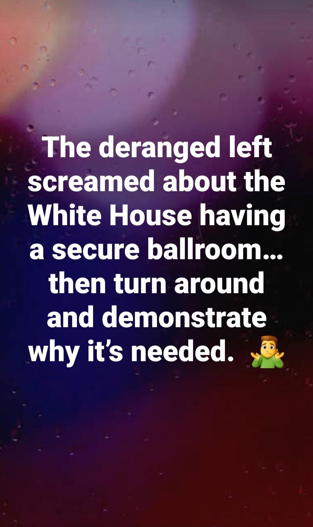 The deranged left screamed about the White House having a secure ballroom... then turn around and demonstrate why it's needed.