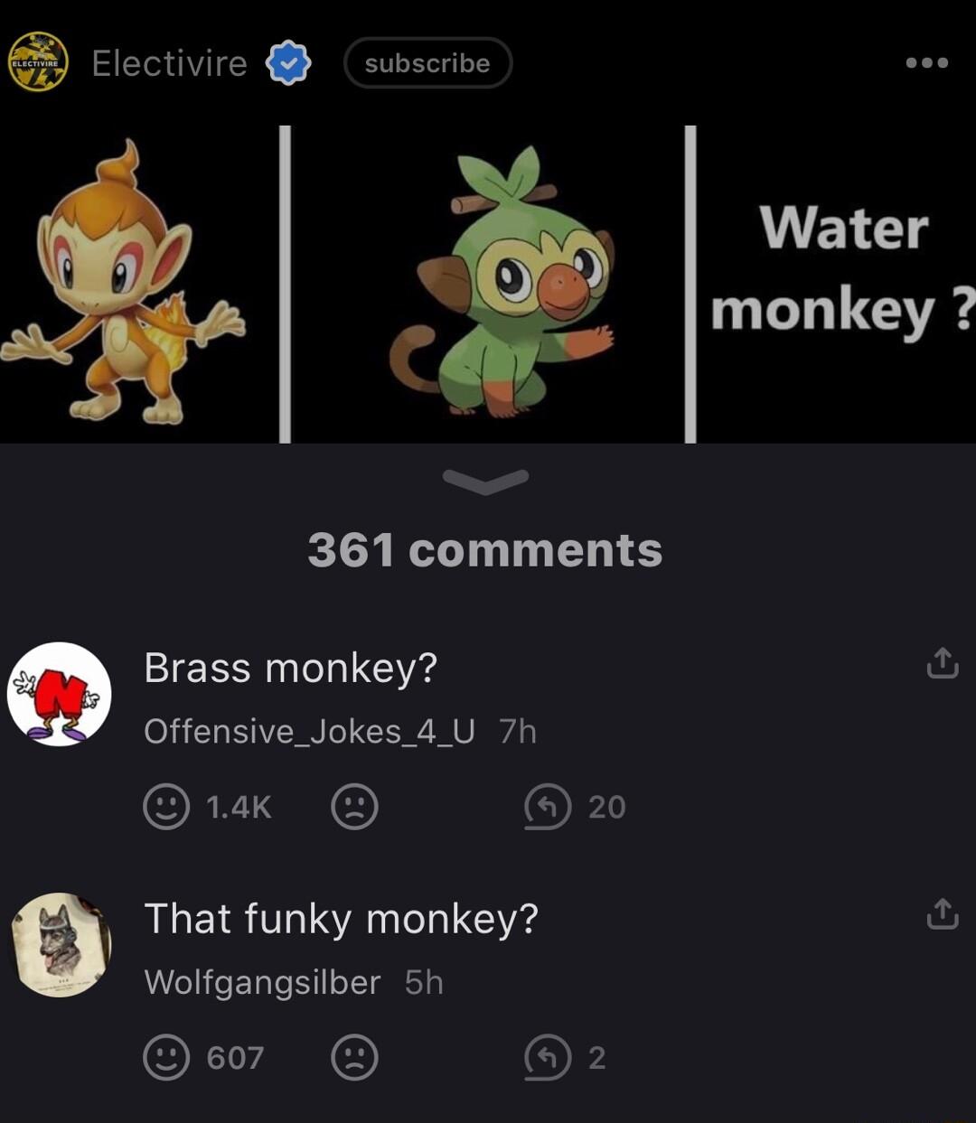 clectivire subserive 361 comments Q Brass monkey Offensive_Jokes_4U 7h 2 a That funky monkey Wolfgangsilber 5h e7 OF