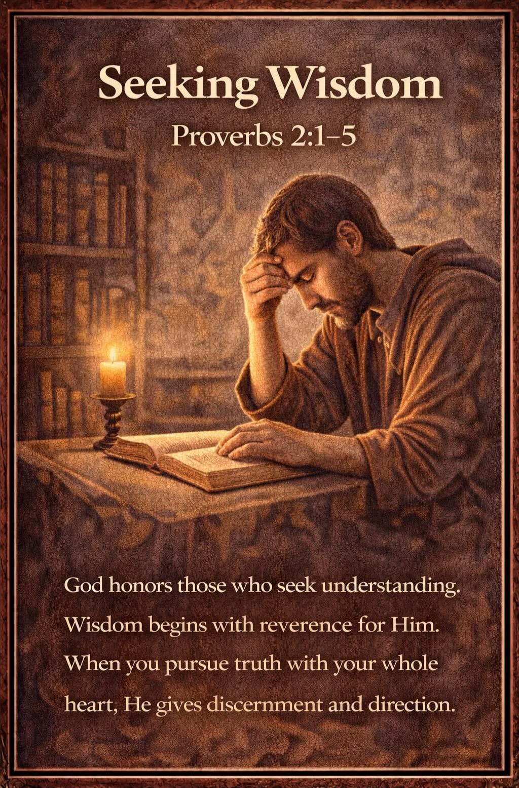 Seeking Wisdom. Proverbs 2:1-5. God honors those who seek understanding. Wisdom begins with reverence for Him. When you pursue truth with your whole heart, He gives discernment and direction.