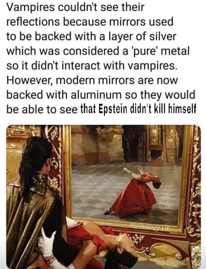 Vampires couldnt see their reflections because mirrors used to be backed with a layer of silver which was considered a pure metal so it didnt interact with vampires However modern mirrors are now backed with aluminum so they would be able to see that Epstein didnt kill himself