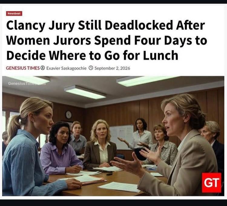 Newsbeat Clancy Jury Still Deadlocked After Women Jurors Spend Four Days to Decide Where to Go for Lunch GENESIUS TIMES Exavier Saskagoochie September 2, 2026