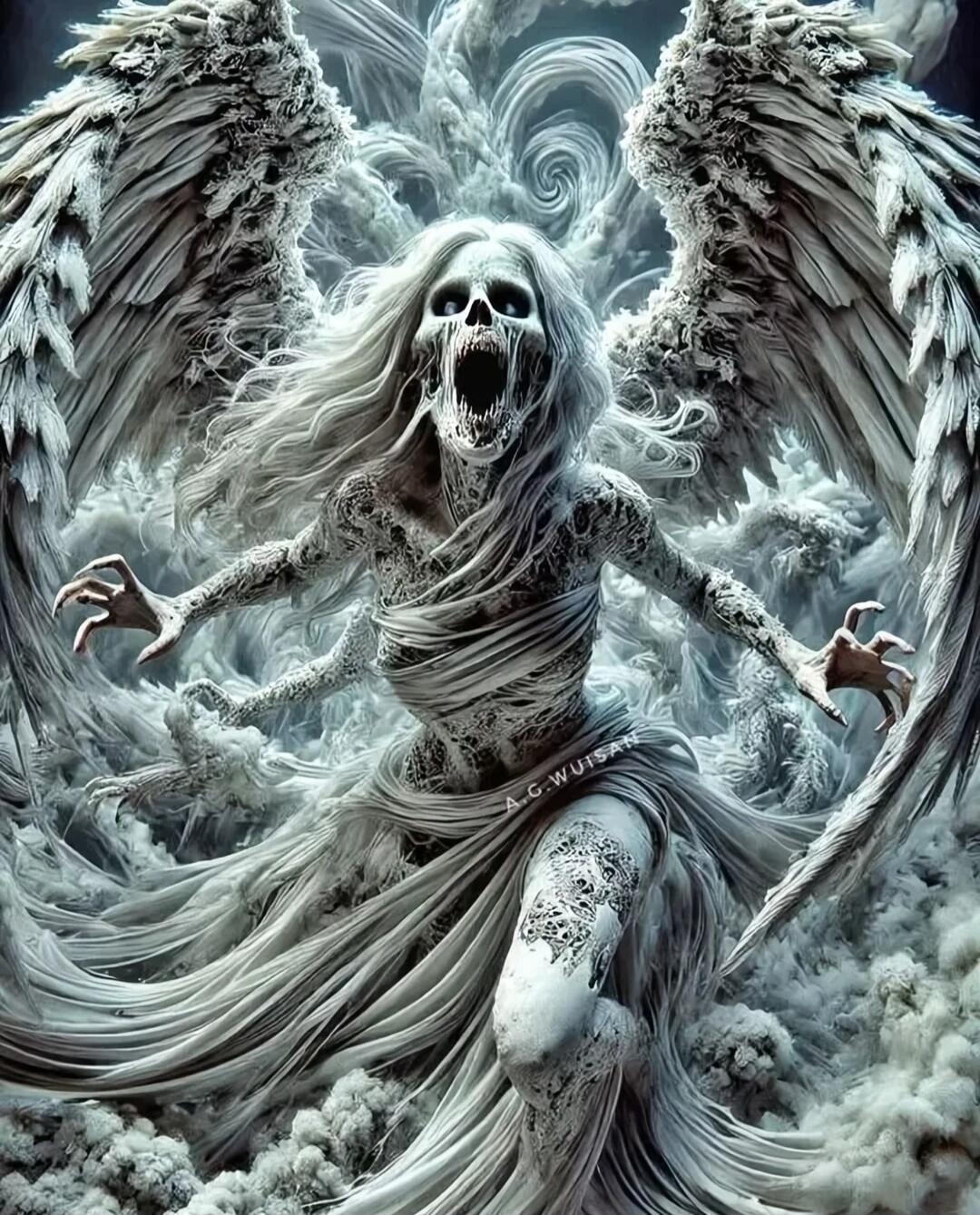 A terrifying skeletal winged figure in tattered robes rising through stormy clouds.