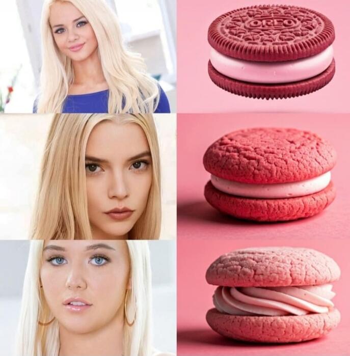 A collage featuring three blonde women on the left and three pink and red dessert sandwiches on the right. The women include a well-known actress and two adult film actresses. The desserts are a red velvet Oreo, a pink macaron-like cookie, and another pink cookie sandwich.