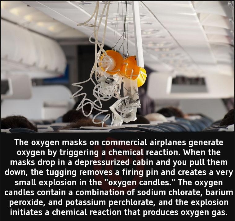 o The oxygen masks on commercial airplanes generate oxygen by triggering a chemical reaction When the masks drop in a depressurized cabin and you pull them down the tugging removes a firing pin and creates a very small explosion in the oxygen candles The oxygen candles contain a combination of sodium chlorate barium peroxide and potassium perchlorate and the explosion LIELCHE R Y T WA T R G EL AT 