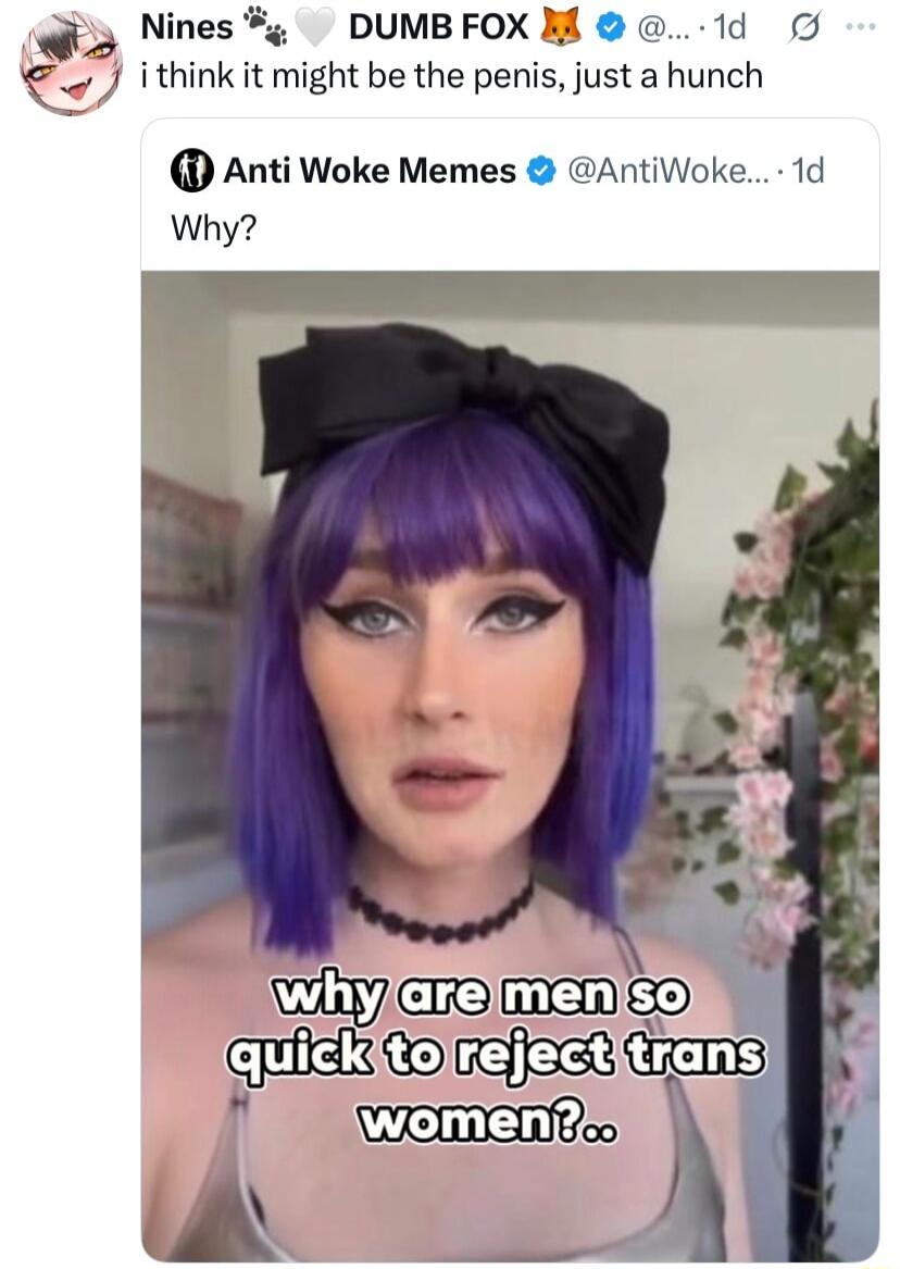 Nines 🐶💠 DUMB FOX 🐱 i think it might be the penis, just a hunch
Anti Woke Memes @AntiWoke... Why?
why are men so quick to reject trans women?..
