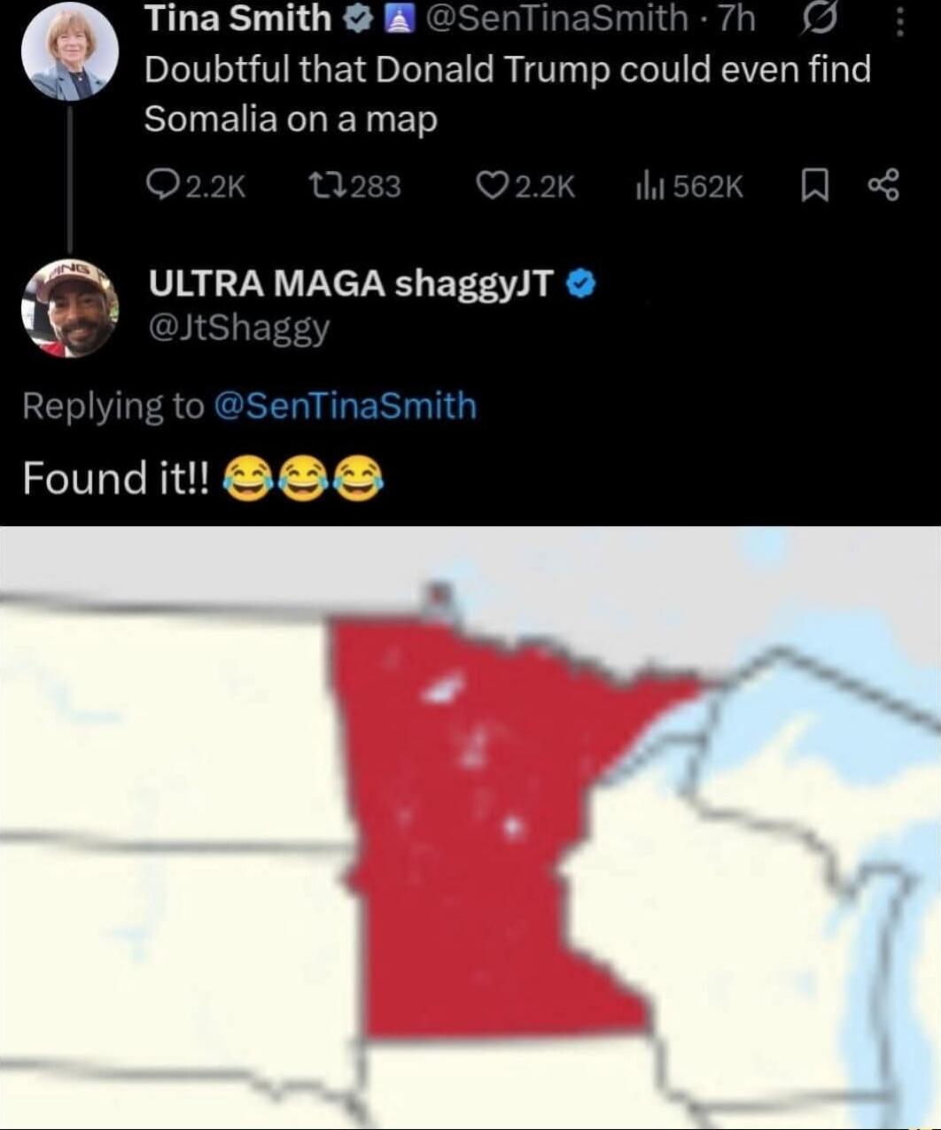 Doubtful that Donald Trump could even find Somalia on a map
Found it!! 😂😂😂