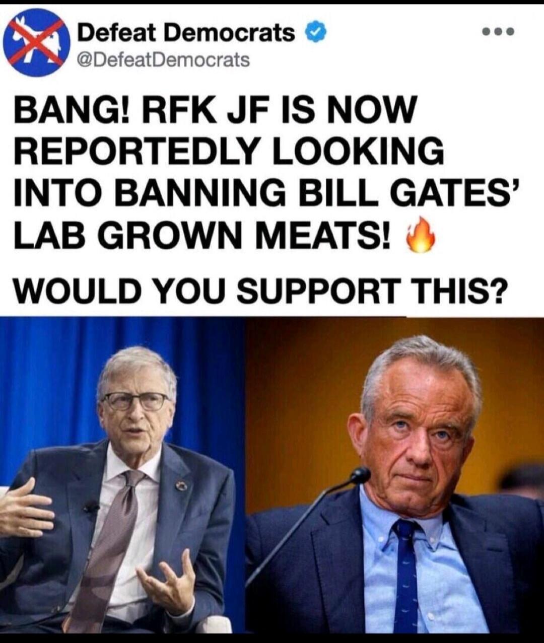 Defeat Democrats @DefeatDemocrats BANG! RFK JF IS NOW REPORTEDLY LOOKING INTO BANNING BILL GATES' LAB GROWN MEATS! WOULD YOU SUPPORT THIS?