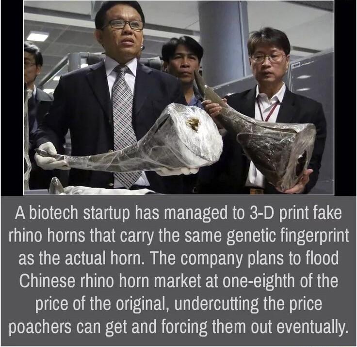 PNV EG T ES L EYEEC RORE R LG rhino horns that carry the same genetic fingerprint as the actual horn The company plans to flood Chinese rhino horn market at one eighth of the price of the original undercutting the price poachers can get and forcing them out eventually