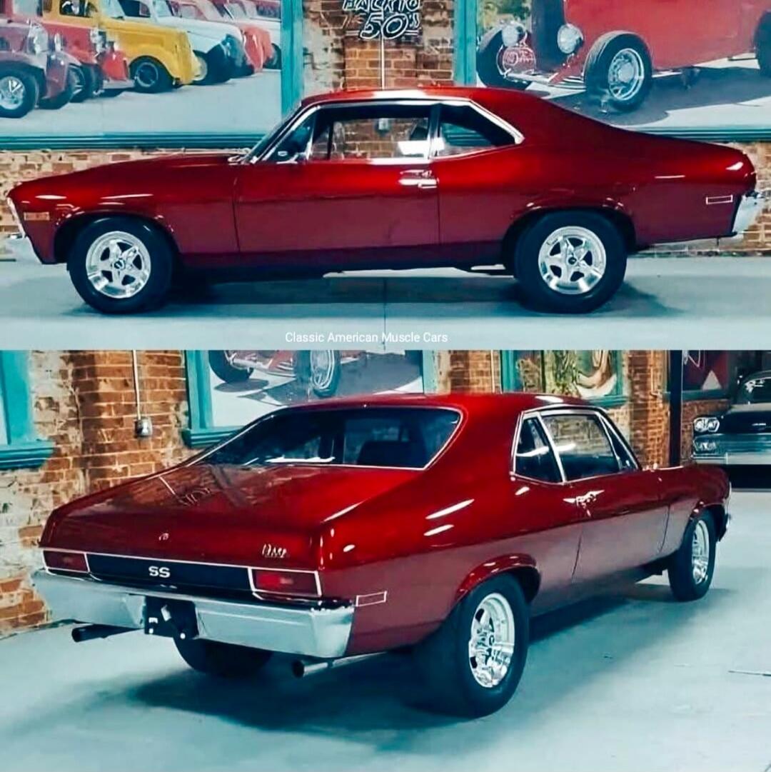 Classic American Muscle Cars. Back to 50's. A shiny red Chevrolet Nova SS muscle car is displayed from side and rear views in what appears to be a car show or museum, with other classic vehicles visible in the background.