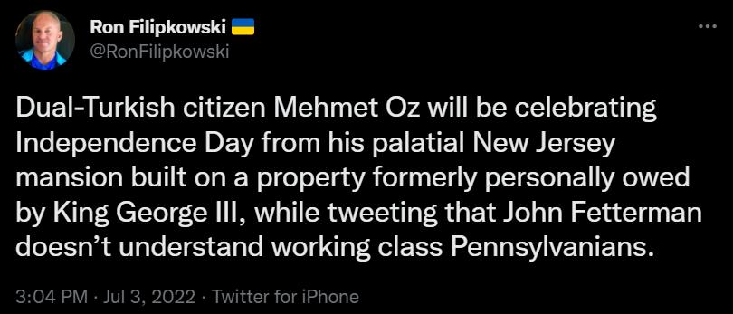 Dual Turkish citizen Mehmet Oz will be celebrating I A T e mansion built on a property formerly personally owed by King George lll while tweeting that John Fetterman doesnt understand working class Pennsylvanians