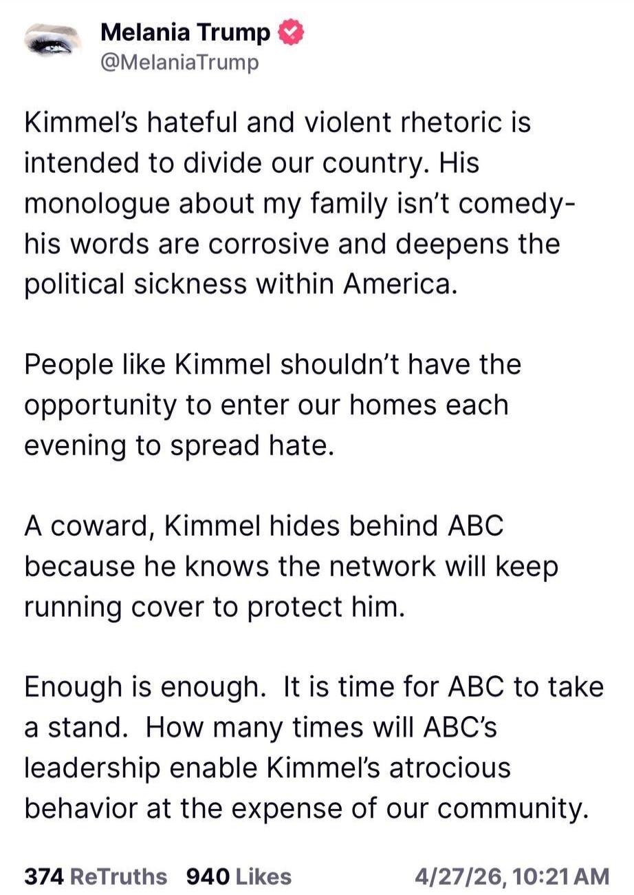 Kimmel's hateful and violent rhetoric is intended to divide our country. His monologue about my family isn't comedy- his words are corrosive and deepens the political sickness within America. People like Kimmel shouldn't have the opportunity to enter our homes each evening to spread hate. A coward, Kimmel hides behind ABC because he knows the netwo