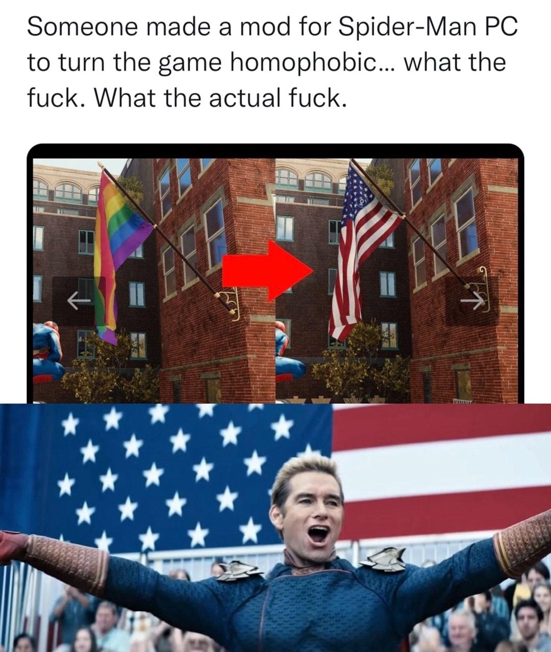 s Michael Someone made a mod for Spider Man PC to turn the game homophobic what the fuck What the actual fuck L P A