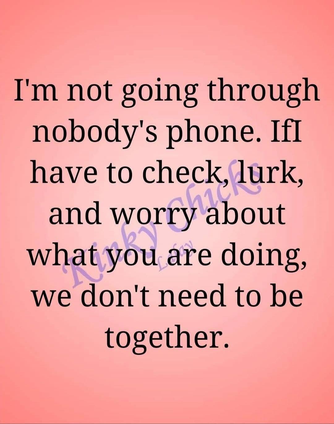 I'm not going through nobody's phone. If I have to check, lurk, and worry about what you are doing, we don't need to be together.