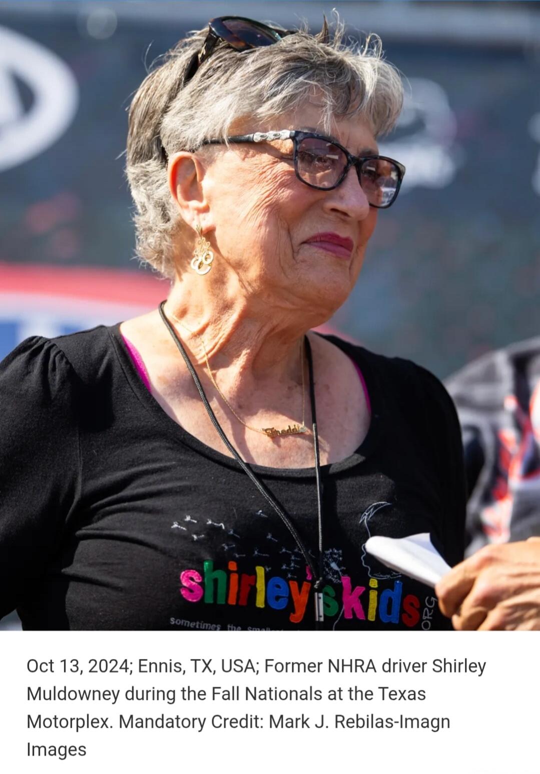 Oct 13, 2024; Ennis, TX, USA; Former NHRA driver Shirley Muldowney during the Fall Nationals at the Texas Motorplex. Mandatory Credit: Mark J. Rebilas-Imagn Images