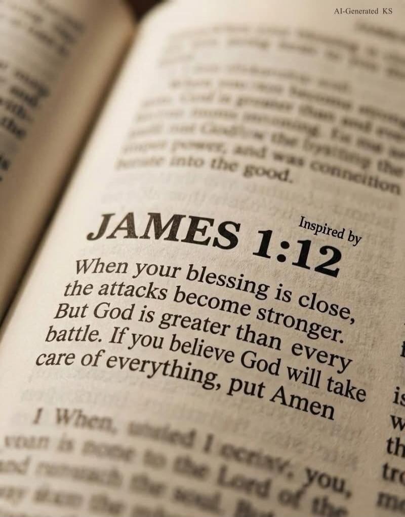 JAMES 1:12. Inspired by. When your blessing is close, the attacks become stronger. But God is greater than every battle. If you believe God will take care of everything, put Amen.