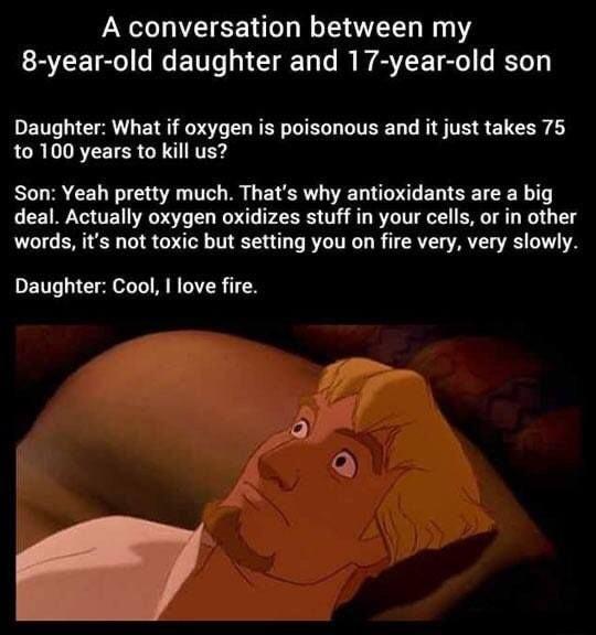 A conversation between my S CELR N ETITe y 1T To s I WAT ETEe s T3 Daughter What if oxygen is poisonous and it just takes 75 to 100 years to kill us RUUR CELETE T W G ETERTL D TTONT EL TSR R T deal Actually oxygen oxidizes stuff in your cells or in other words its not toxic but setting you on fire very very slowly Daughter Cool love fire 77 S