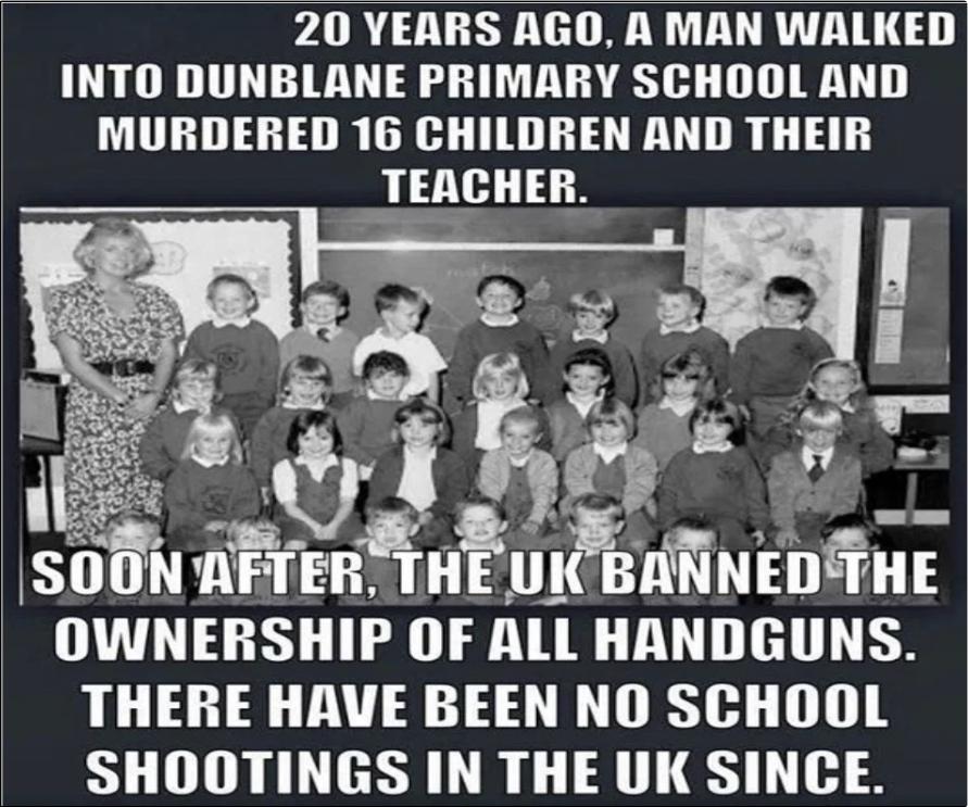 20 YEARS AGO A MAN WALKED INTO DUNBLANE PRIMARY SCHOOL AND MURDERED 16 CHILDREN AND THEIR TEACHER S fTHE OWNEHSHIP OF ALL HANIGIINS THERE HAVE BEEN NO SCHOOL SHOOTINGS IN THE UK SINCE