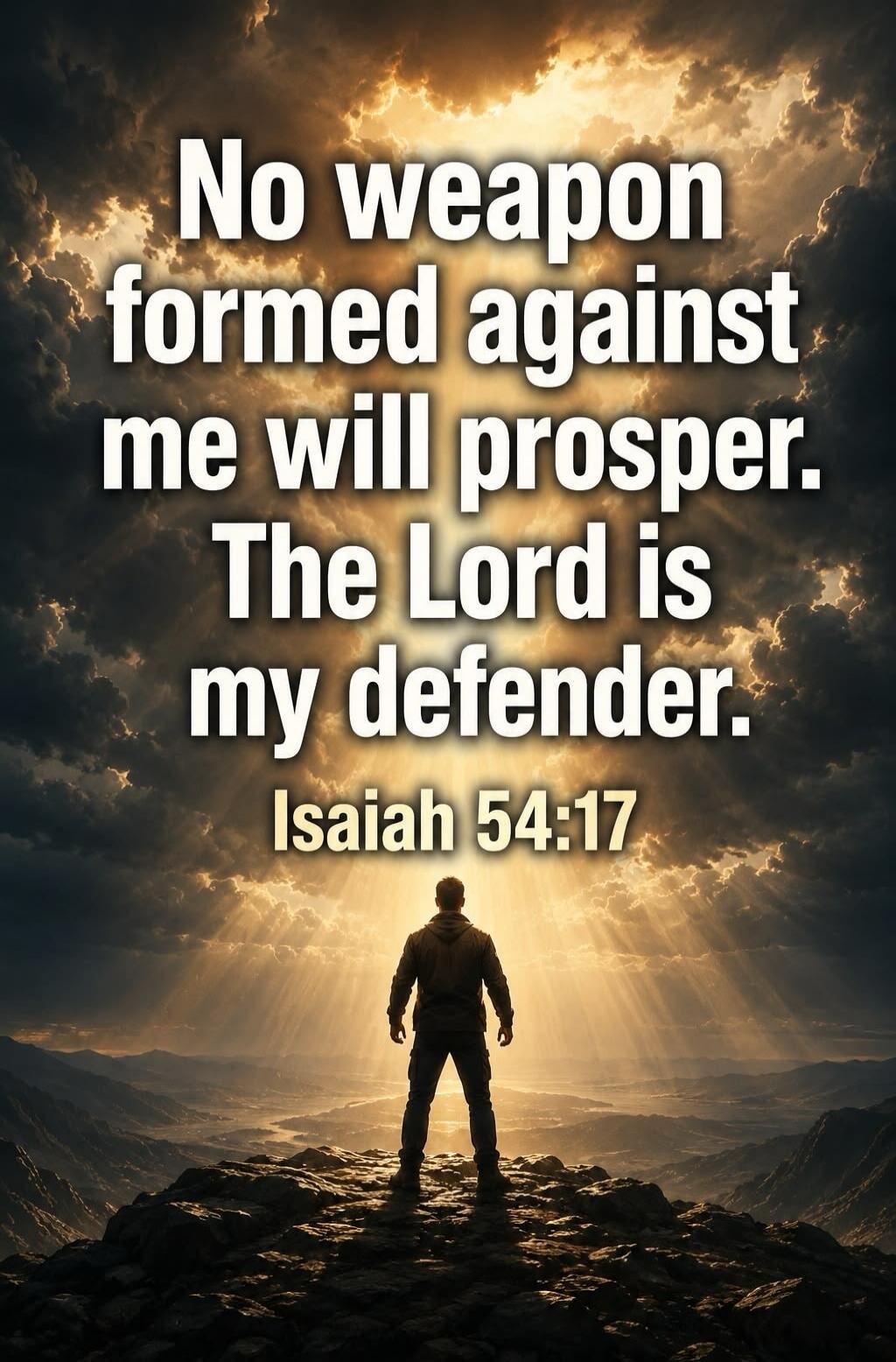 No weapon formed against me will prosper. The Lord is my defender. Isaiah 54:17