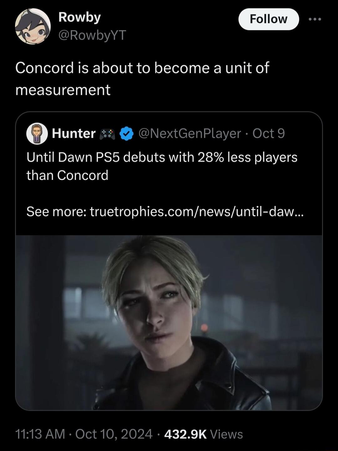 Rowby RowbyYT Concord is about to become a unit of UEEETENERT o Hunter NextGenPlayer Oct 9 Until Dawn PS5 debuts with 28 less players than Concord See more truetrophiescomnewsuntil daw LB R elo g oRvlo 2 X QUETE