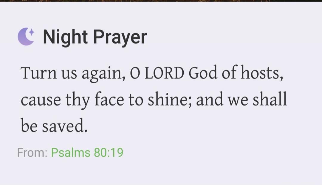 Night Prayer Turn us again, O LORD God of hosts, cause thy face to shine; and we shall be saved. From: Psalms 80:19