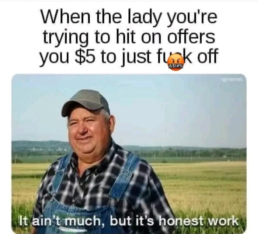 When the lady you're trying to hit on offers you $5 to just f*** off. It ain't much, but it's honest work.
