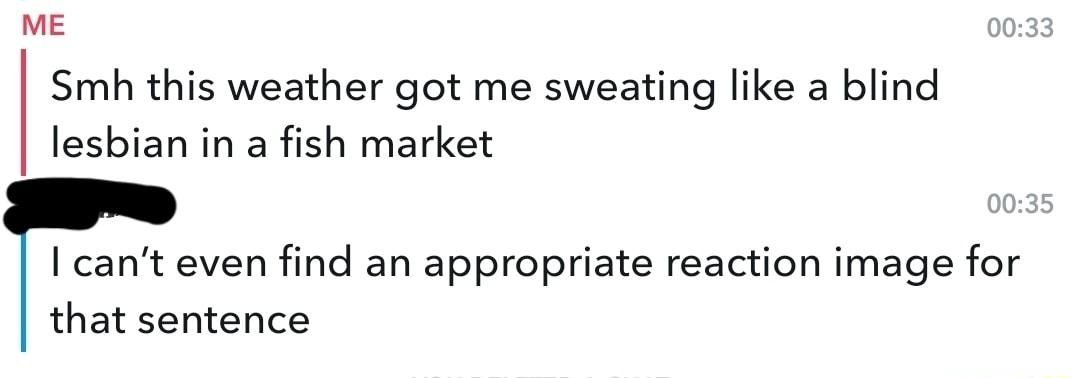 ME Smbh this weather got me sweating like a blind lesbian in a fish market cant even find an appropriate reaction image for that sentence