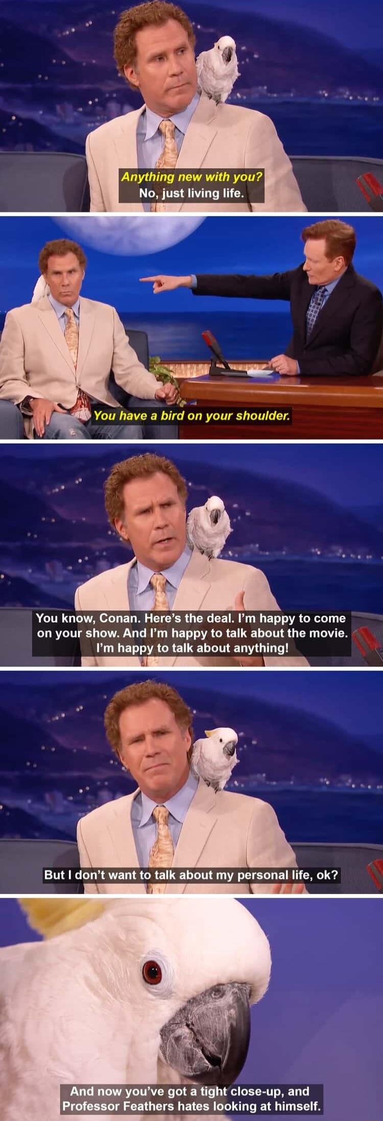 No just living You know Conan Heres the deal Im happy to come on your show And Im happy to talk about the movi py to talk about anything But dont want to talk about my personal life ok nd now youve got a tight close up and Professor Feathers hates looking at himself