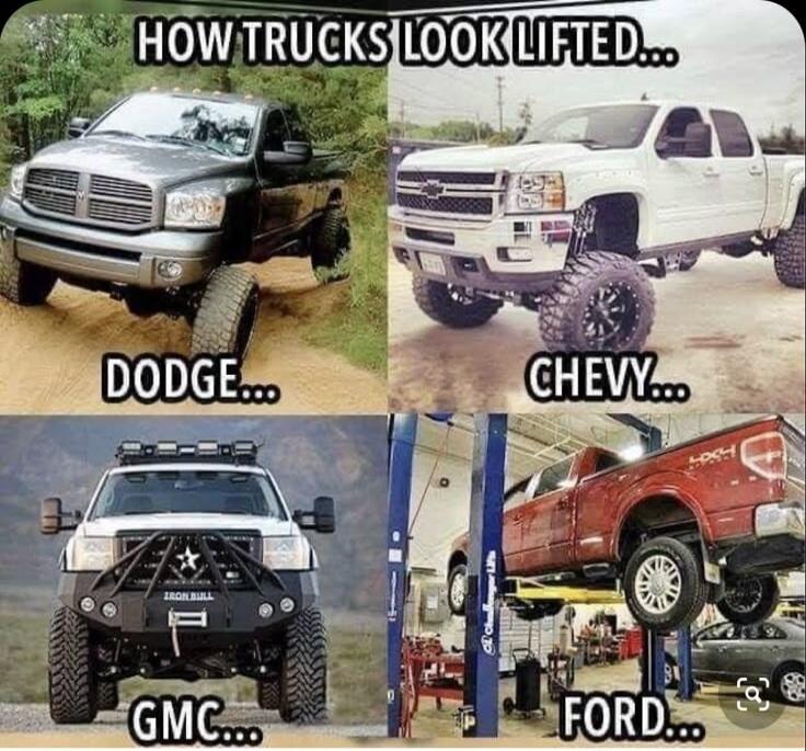 HOW TRUCKS LOOK LIFTED...
DODGE...
CHEVY...
GMC...
FORD...