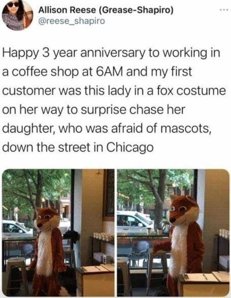 Allison Reese Grease Shapiro reese_shapir Happy 3 year anniversary to working in a coffee shop at 6AM and my first customer was this lady in a fox costume on her way to surprise chase her daughter who was afraid of mascots down the street in Chicago