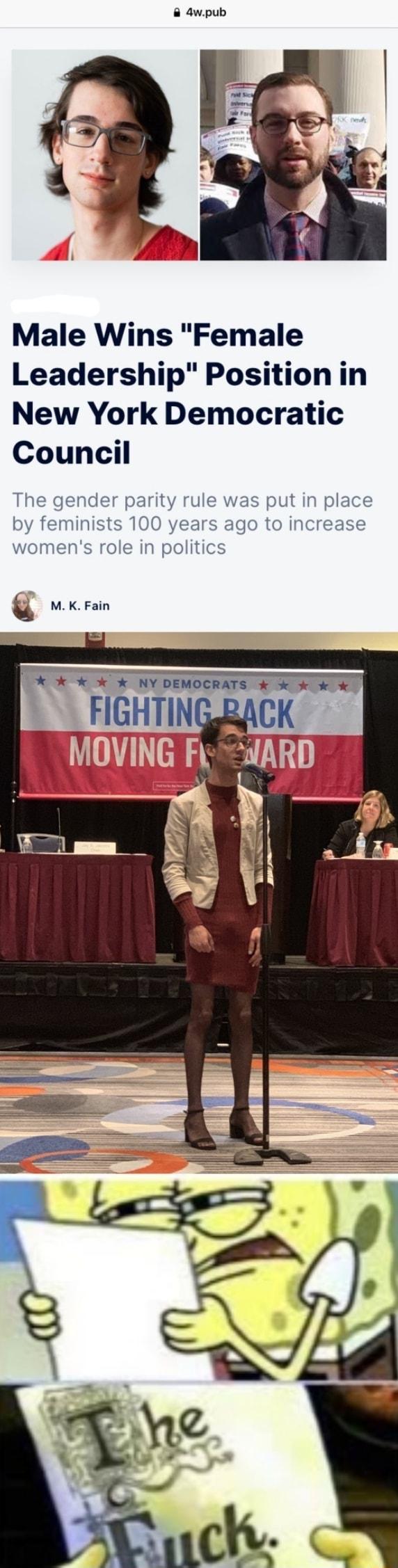 Male Wins Female Leadership Position in New York Democratic Council The gender parity rule was put in place 100 years ago to increase ns role in politics