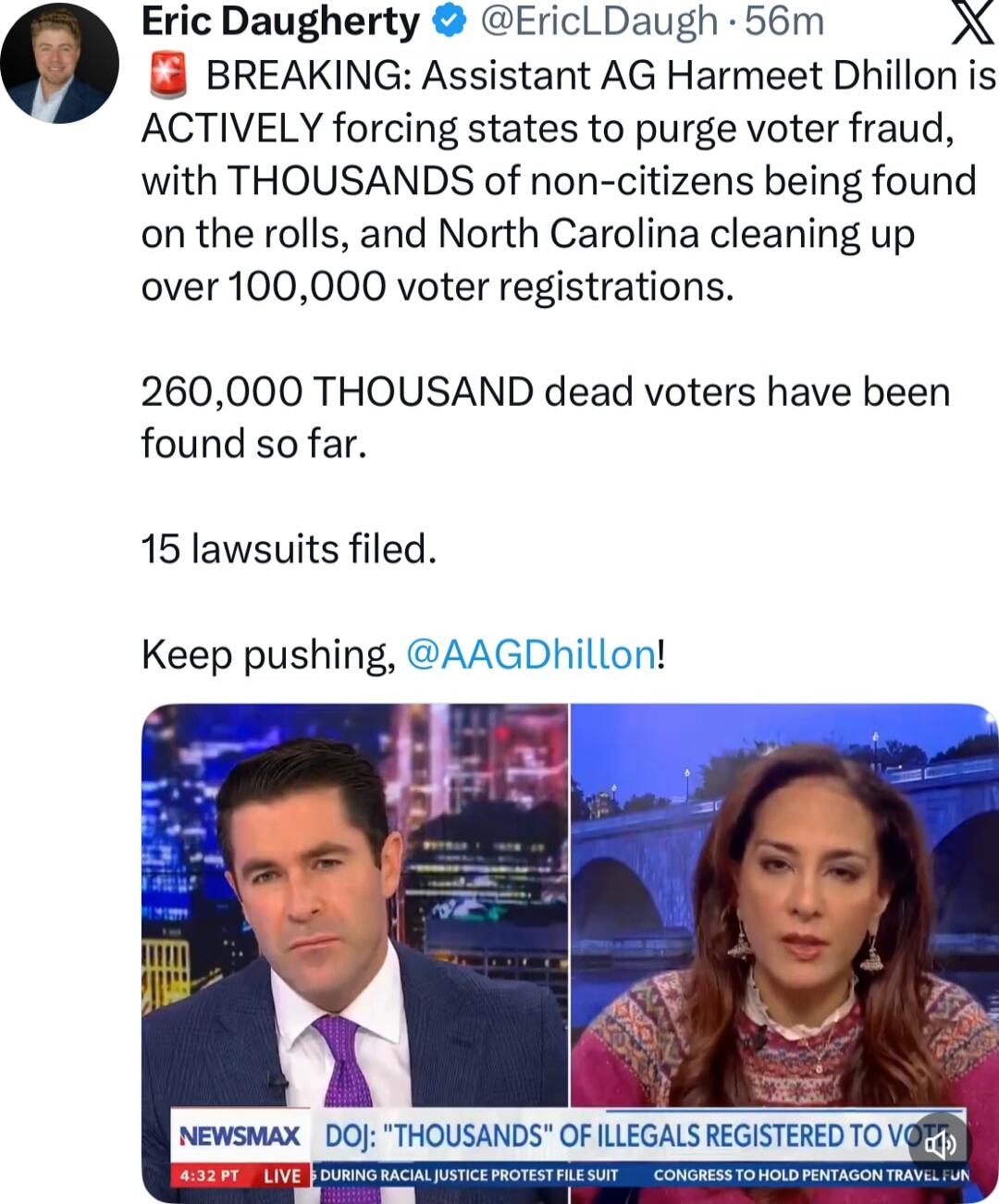 🚨 BREAKING: Assistant AG Harmeet Dhillon is ACTIVELY forcing states to purge voter fraud, with THOUSANDS of non-citizens being found on the rolls, and North Carolina cleaning up over 100,000 voter registrations. 260,000 THOUSAND dead voters have been found so far. 15 lawsuits filed. Keep pushing, @AAGDhillon!  