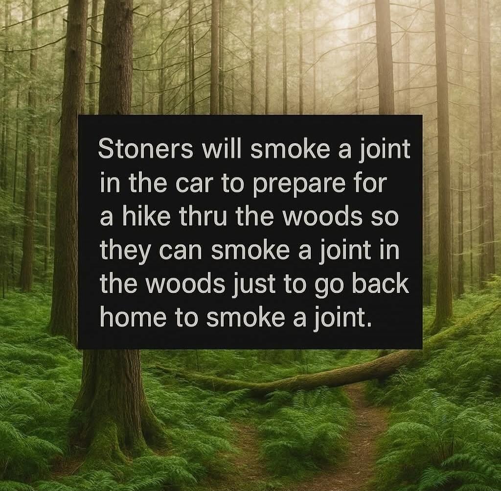 Stoners will smoke a joint in the car to prepare for a hike thru the woods so they can smoke a joint in the woods just to go back home to smoke a joint.