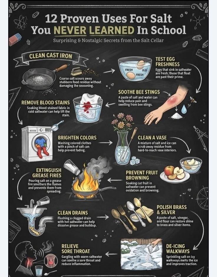 12 Proven Uses For Salt You NEVER LEARNED In School Surprising & Nostalgic Secrets from the Salt Cellar. CLEAN CAST IRON: Coarse salt causes stove-scrub to remove stubborn food without damaging seasoning. REMOVE BLOOD STAINS: Soaking blood-stained fabric in cold saltwater can help lift stain. BRIGHTEN COLORS: Washing colored clothes with a pinch of