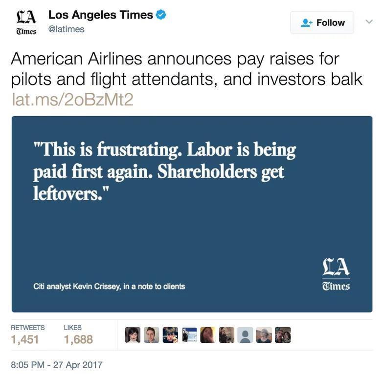 Los Angeles Times m 2 Follow s Glatimes American Airlines announces pay raises for pilots and flight attendants and investors balk oBzMt2 This is frustrating Labor is being paid first again Shareholders get leftovers B anaiyt Kovin Crisoy i ot o clenis
