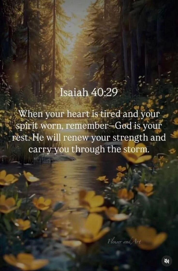 Isaiah 40:29 When your heart is tired and your spirit worn, remember—God is your rest. He will renew your strength and carry you through the storm.
