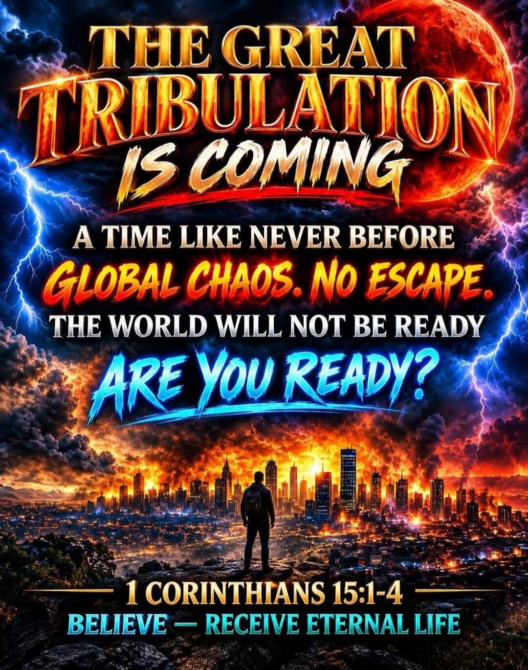 THE GREAT TRIBULATION IS COMING A TIME LIKE NEVER BEFORE GLOBAL CHAOS. NO ESCAPE. THE WORLD WILL NOT BE READY ARE YOU READY? 1 CORINTHIANS 15:1-4 BELIEVE — RECEIVE ETERNAL LIFE
