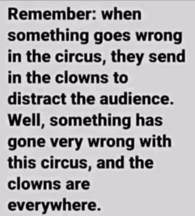 Remember when something goes wrong in the circus they send in the clowns to distract the audience Well something has gone very wrong with this circus and the clowns are everywhere