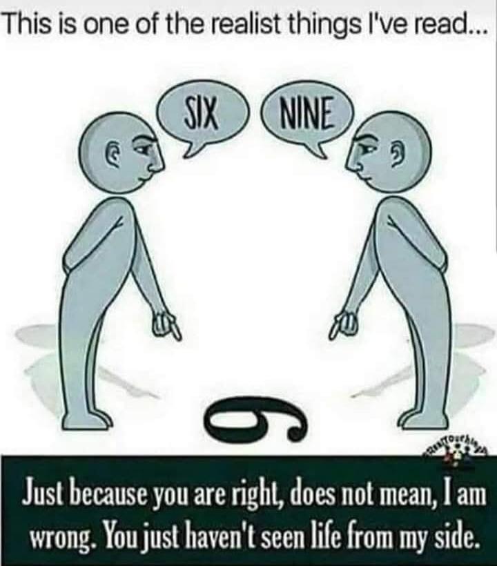 This is one of the realist things I've read... SIX NINE 6 Just because you are right, does not mean, I am wrong. You just haven't seen life from my side.