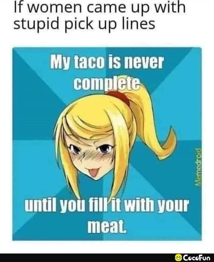 If women came up with stupid pick up lines My taco is never complete until you fill it with your meat.