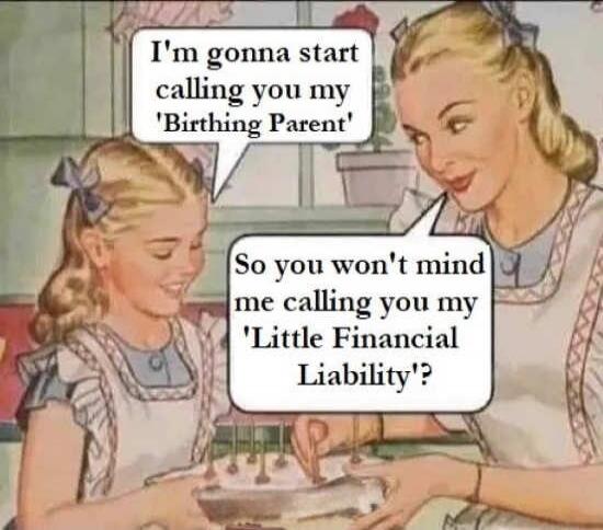 I'm gonna start calling you my 'Birthing Parent'. So you won't mind me calling you my 'Little Financial Liability'?