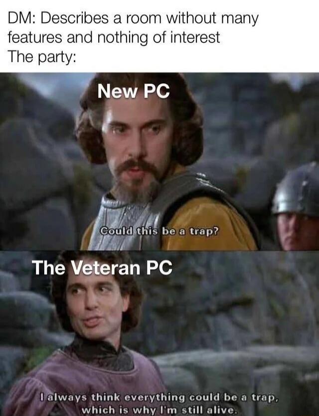 DM Describes a room without many features and nothing of interest The party 4 fh e v T A The Vbedtgran PC Ty 1falways think everything could be a trap which is why Im still alive