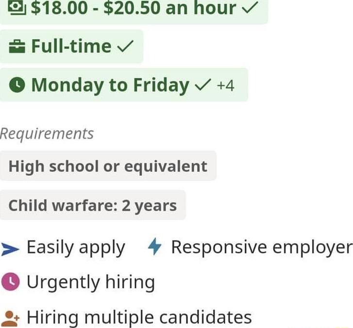 4 1800 2050 an hour v Full time v Monday to Friday v 4 Requirements High school or equivalent Child warfare 2 years Easily apply 4 Responsive employer Urgently hiring 2 Hiring multiple candidates