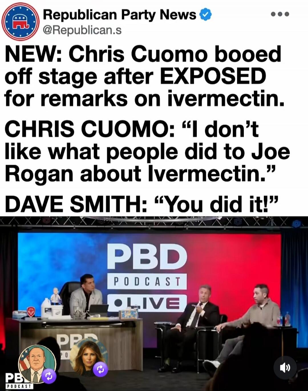 Republican Party News NEW: Chris Cuomo booed off stage after EXPOSED for remarks on ivermectin. CHRIS CUOMO: 